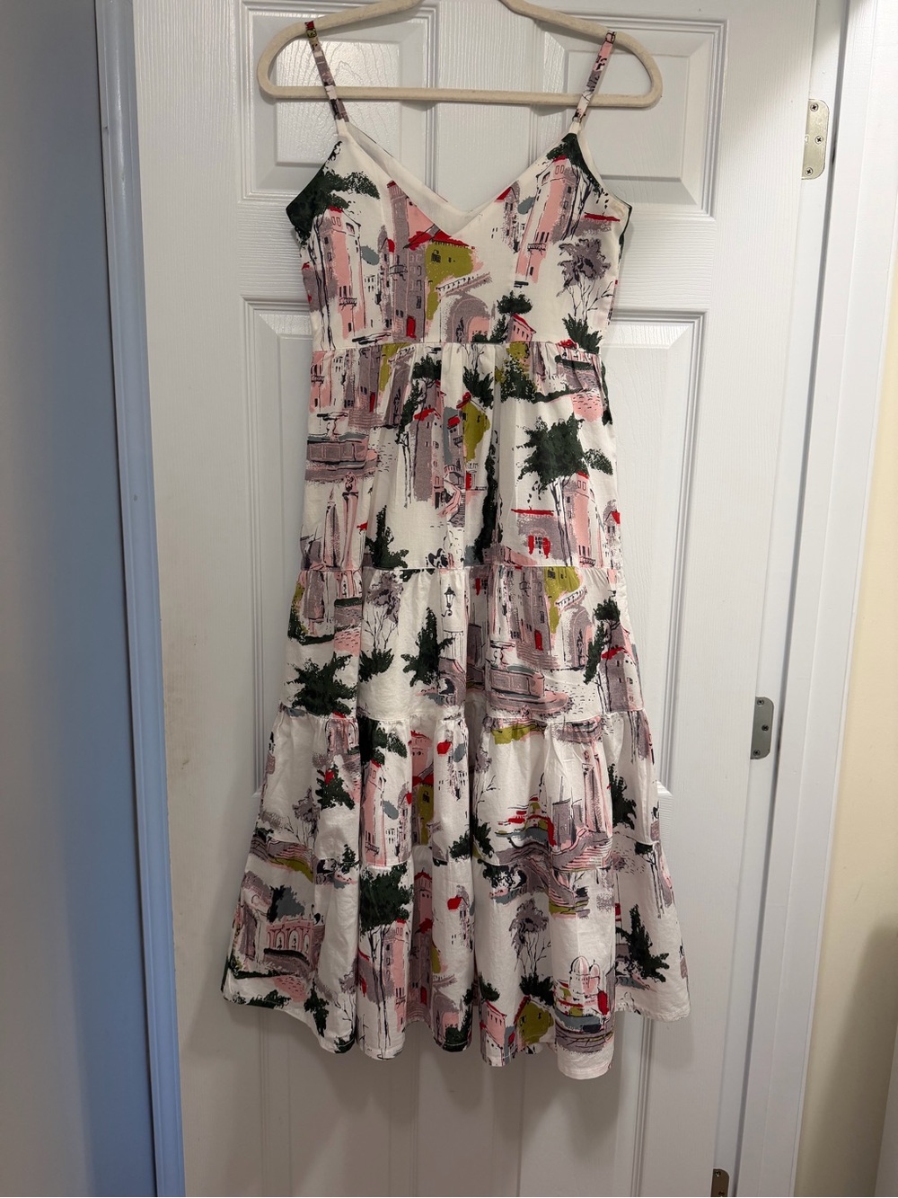 Women's White Tiered Sundress with Pink & Green Print